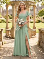 Chiffon A Line Square Neck Short Sleeves Ruched Bridesmaid Dresses with Slit