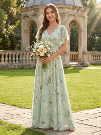 Chiffon A Line V Neck Short Sleeves Floral Bridesmaid Dresses