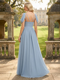 Chiffon A Line Off the Shoulder V Neck Ruched Bridesmaid Dresses with Slit