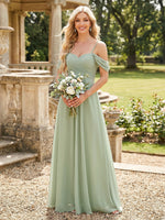 Chiffon Off the Shoulder A Line Long Pleated Bridesmaid Dresses