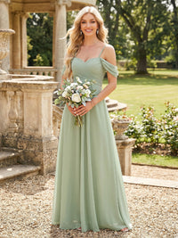 Chiffon Off the Shoulder A Line Long Pleated Bridesmaid Dresses