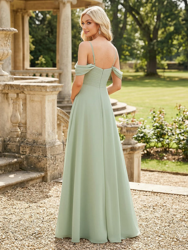 Chiffon Off the Shoulder A Line Long Pleated Bridesmaid Dresses