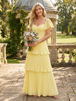 Tiered Chiffon Short Sleeves V Neck A Line Long Pleated Bridesmaid Dresses