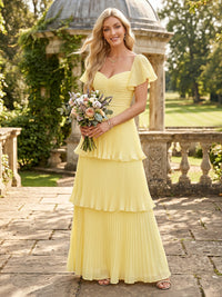 Tiered Chiffon Short Sleeves V Neck A Line Long Pleated Bridesmaid Dresses