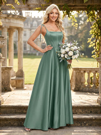 Satin A Line Square Neck Spaghetti Straps Corset Bridesmaid Dresses