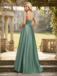 Satin A Line Square Neck Spaghetti Straps Corset Bridesmaid Dresses