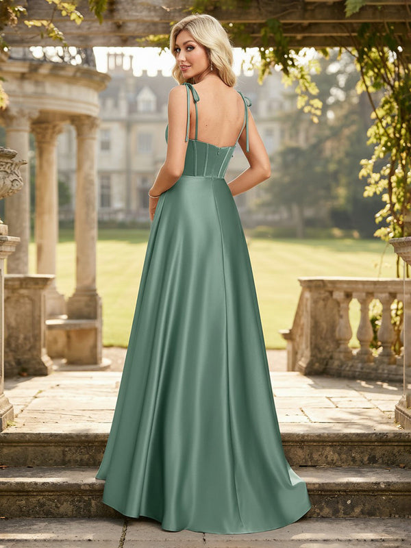 Satin A Line Square Neck Spaghetti Straps Corset Bridesmaid Dresses
