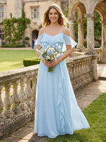 Chiffon A Line V Neck Off the Shoulder Bridesmaid Dresses with Ruffles