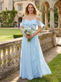 Chiffon A Line V Neck Off the Shoulder Bridesmaid Dresses with Ruffles