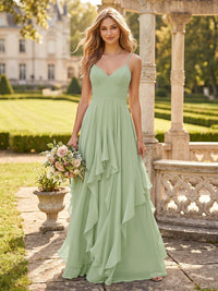 Chiffon Spaghetti Straps V Neck A Line Bridesmaid Dresses with Ruffles
