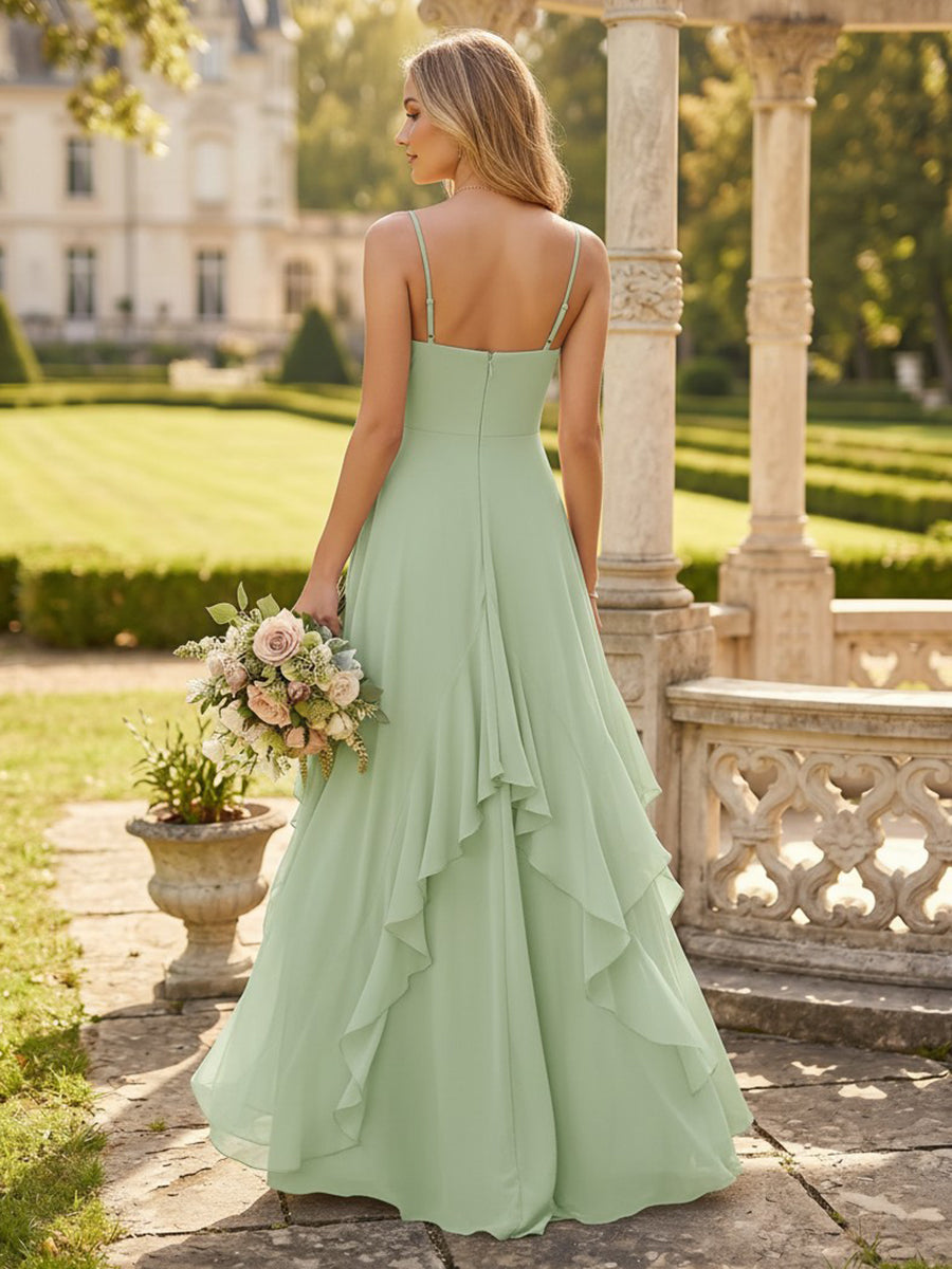 Chiffon Spaghetti Straps V Neck A Line Bridesmaid Dresses with Ruffles