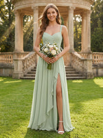 Chiffon Ruffle A Line Ruched Floor Length Bridesmaid Dresses with Slit