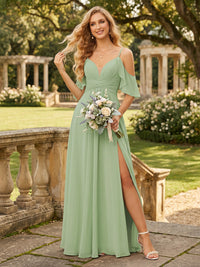Chiffon Off the Shoulder Long A Line V Neck Bridesmaid Dresses with Slit