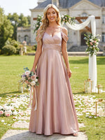 Satin Off the Shoulder Long A Line V Neck Ruched Bridesmaid Dresses