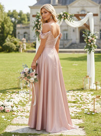 Satin Off the Shoulder Long A Line V Neck Ruched Bridesmaid Dresses