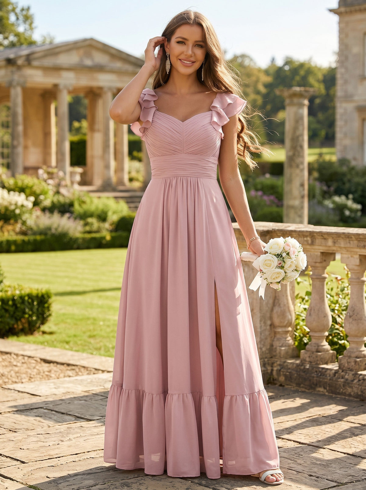 Chiffon V Neck A Line Sleeveless Ruched Bridesmaid Dresses with Slit