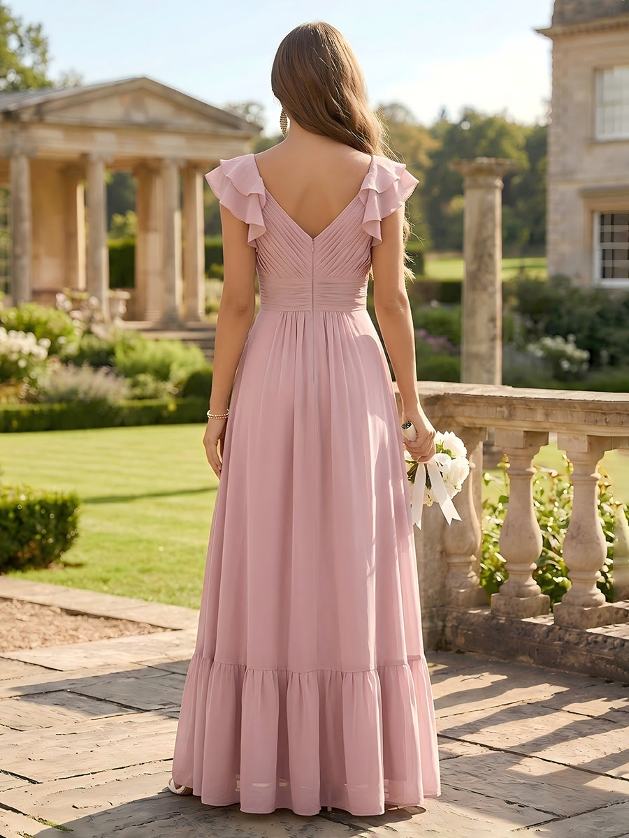 Chiffon V Neck A Line Sleeveless Ruched Bridesmaid Dresses with Slit