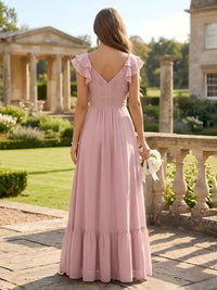 Chiffon V Neck A Line Sleeveless Ruched Bridesmaid Dresses with Slit