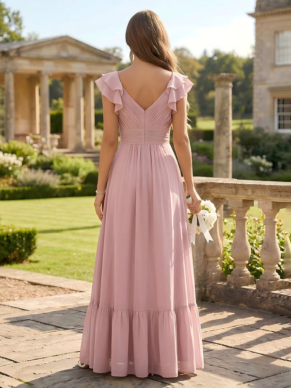 Chiffon V Neck A Line Sleeveless Ruched Bridesmaid Dresses with Slit