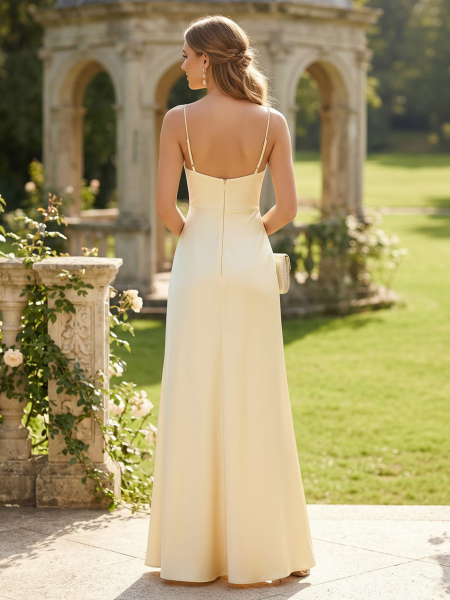 Satin Mermaid Cowl Neck Spaghetti Straps Long Bridesmaid Dresses with Slit