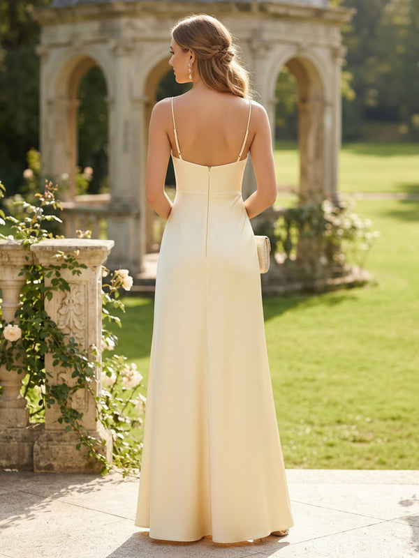 Satin Mermaid Cowl Neck Spaghetti Straps Long Bridesmaid Dresses with Slit