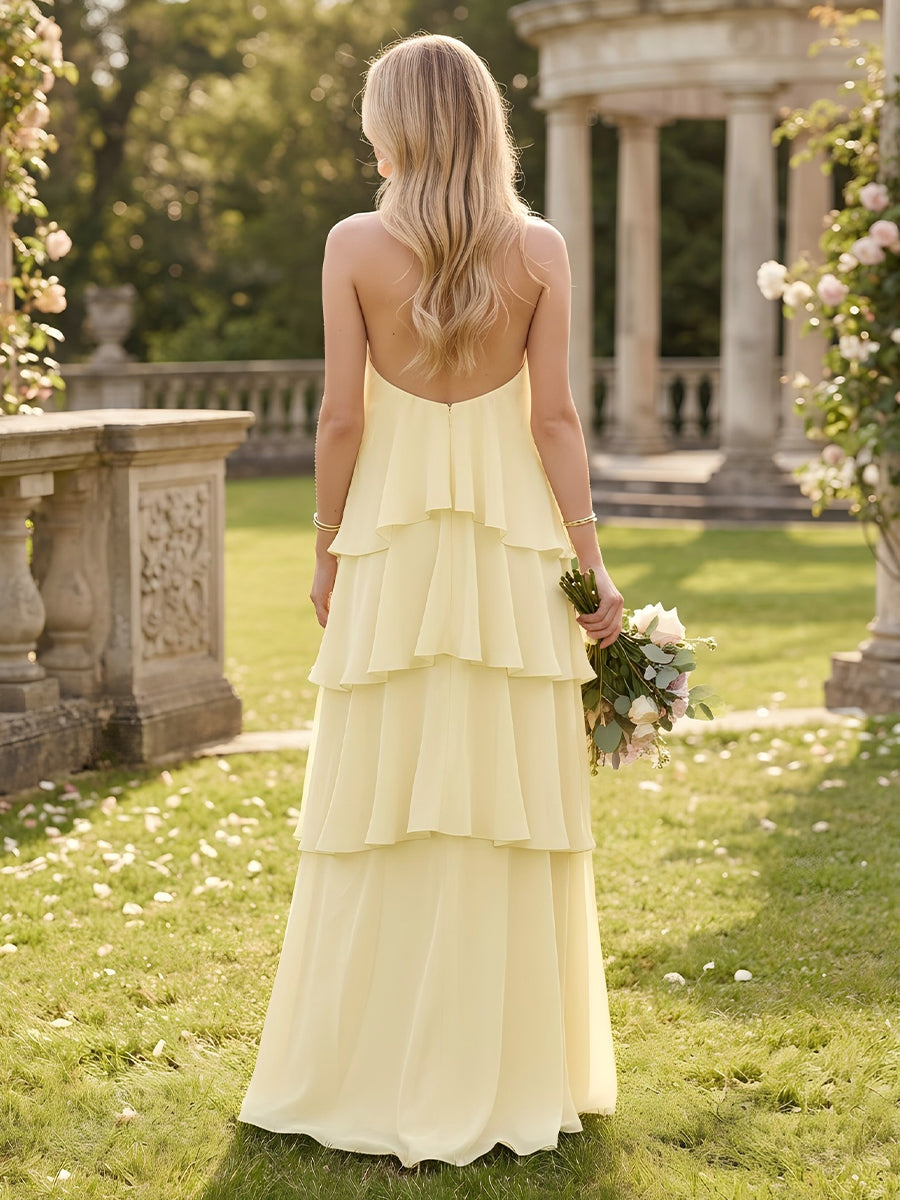 Tiered Chiffon A Line Halter Long Bridesmaid Dresses