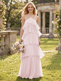 Tiered Chiffon A Line Halter Long Bridesmaid Dresses