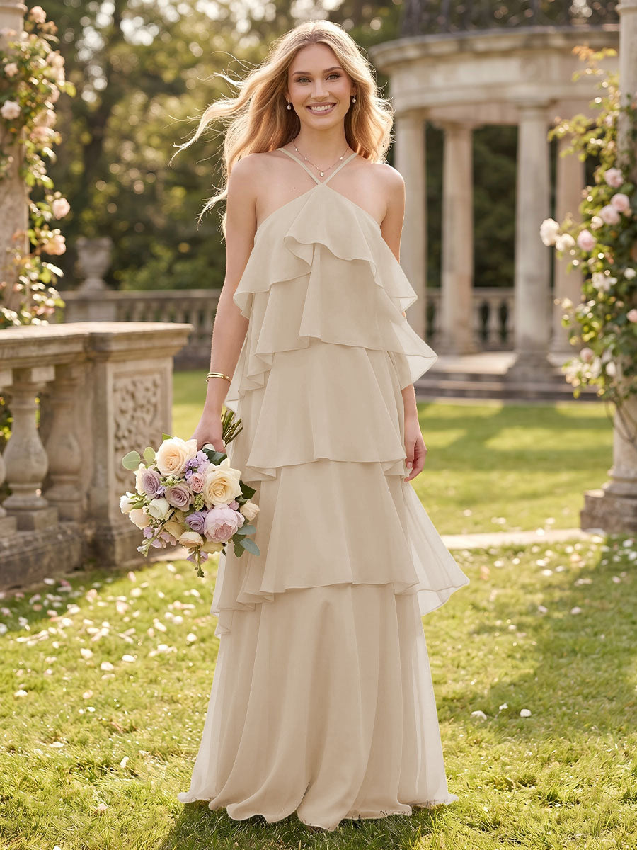 Tiered Chiffon A Line Halter Long Bridesmaid Dresses
