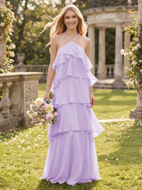 Tiered Chiffon A Line Halter Long Bridesmaid Dresses