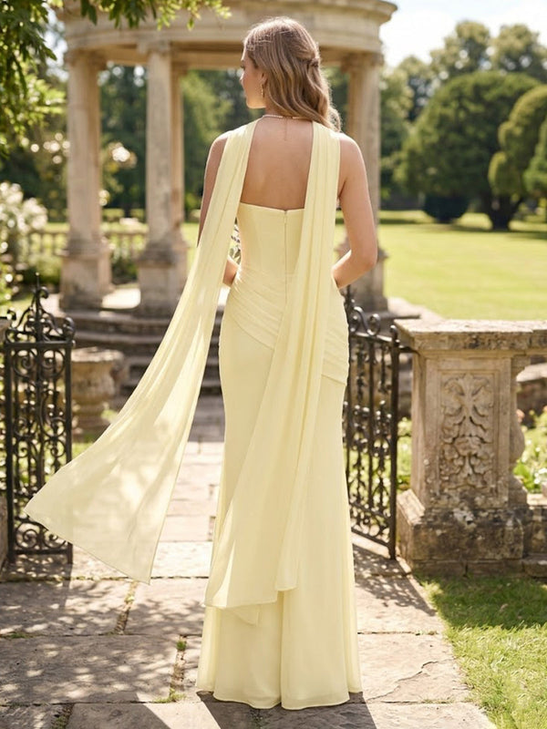 Mermaid Strapless Sleeveless Long Bridesmaid Dresses with Scarf