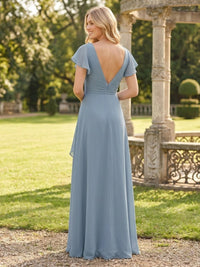 A Line V Neck Short Sleeves Long Bridesmaid Dresses with Slit