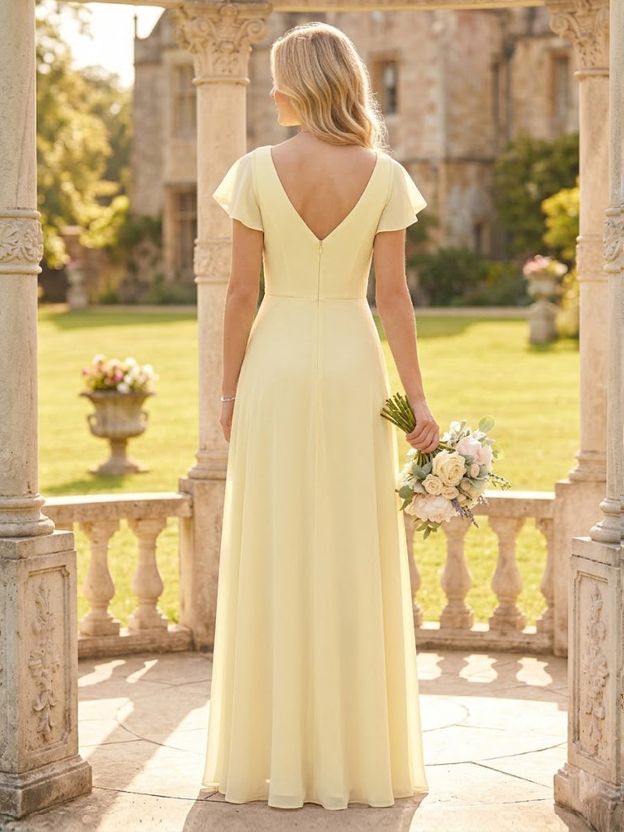 A Line Chiffon V Neck Short Sleeves Long Bridesmaid Dresses with Slit