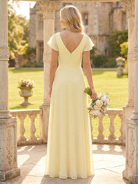 A Line Chiffon V Neck Short Sleeves Long Bridesmaid Dresses with Slit