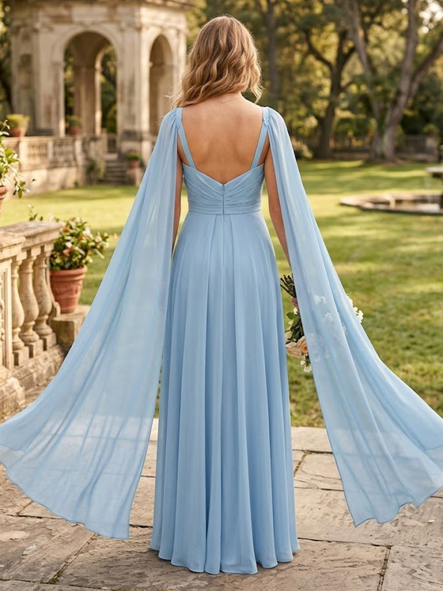 A Line Chiffon Square Neck Sleeveless Long Bridesmaid Dresses