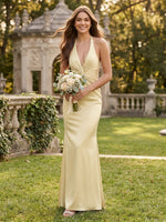 Mermaid Satin Deep V Neck Sleeveless Long Bridesmaid Dresses