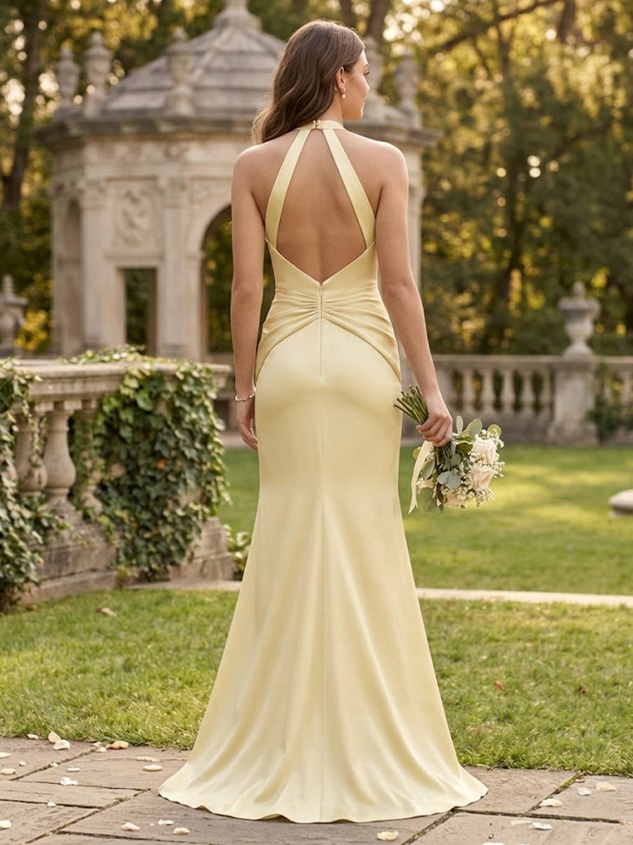 Mermaid Satin Deep V Neck Sleeveless Long Bridesmaid Dresses