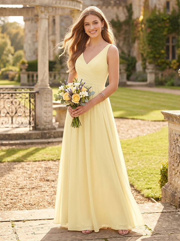 A Line V Neck Pleated Sleeveless Long Bridesmaid Dresses