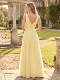 A Line V Neck Pleated Sleeveless Long Bridesmaid Dresses