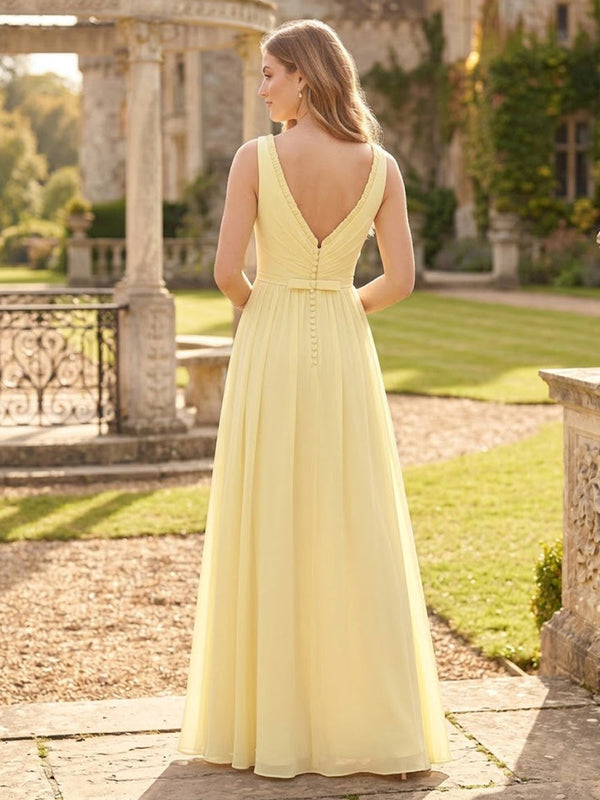 A Line V Neck Pleated Sleeveless Long Bridesmaid Dresses
