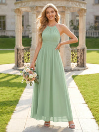 A Line Chiffon Halter Pleated Sleeveless Long Bridesmaid Dresses