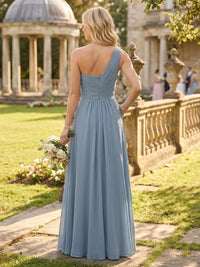 A Line Chiffon One Shoulder Sleeveless Long Bridesmaid Dresses with Slit