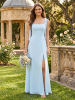 A Line Square Neck Sleeveless Long Bridesmaid Dresses with Slit