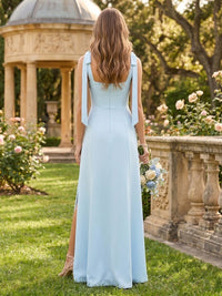 A Line Square Neck Sleeveless Long Bridesmaid Dresses with Slit