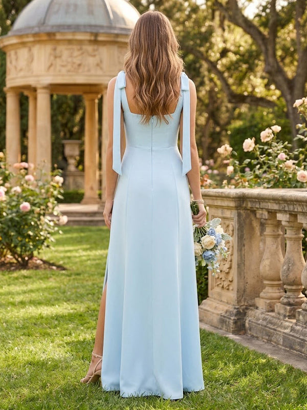 A Line Square Neck Sleeveless Long Bridesmaid Dresses with Slit