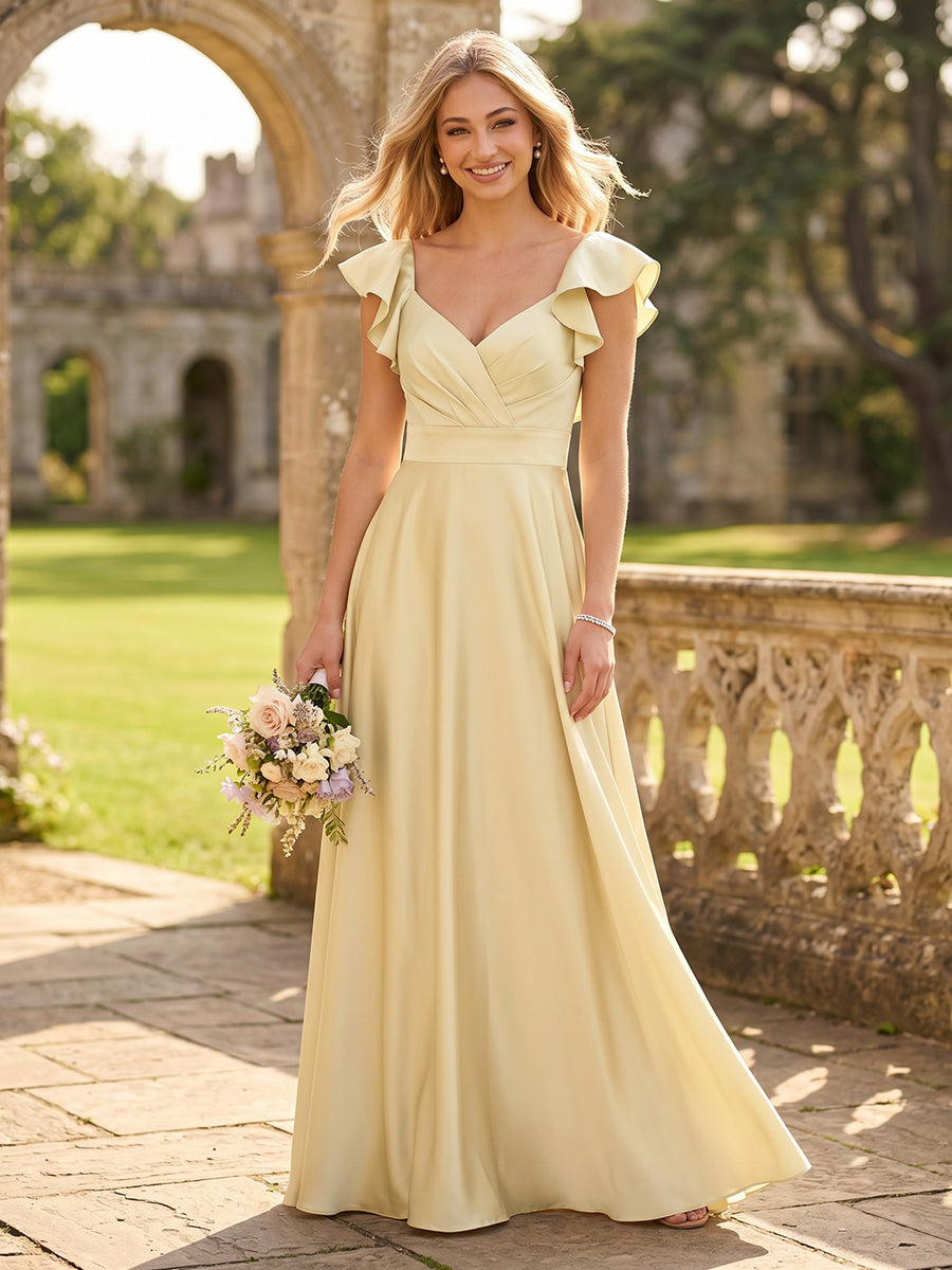 A Line V Neck Flutter Sleeves Long Bridesmaid Dresses