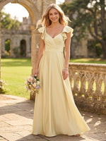 A Line V Neck Flutter Sleeves Long Bridesmaid Dresses