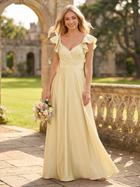 A Line V Neck Flutter Sleeves Long Bridesmaid Dresses