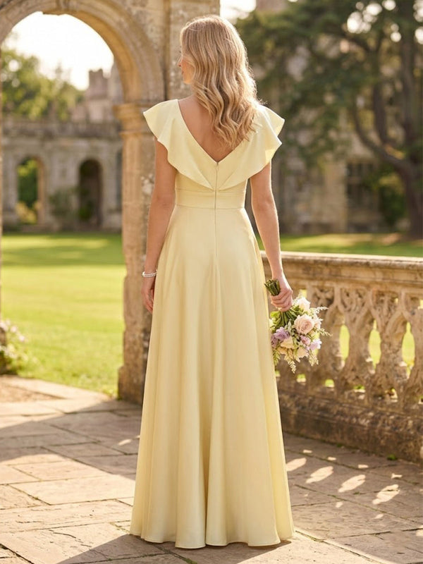 A Line V Neck Flutter Sleeves Long Bridesmaid Dresses