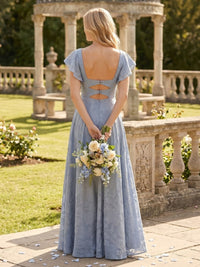 A Line Square Neck Short Sleeves Long Bridesmaid Dresses with Slit