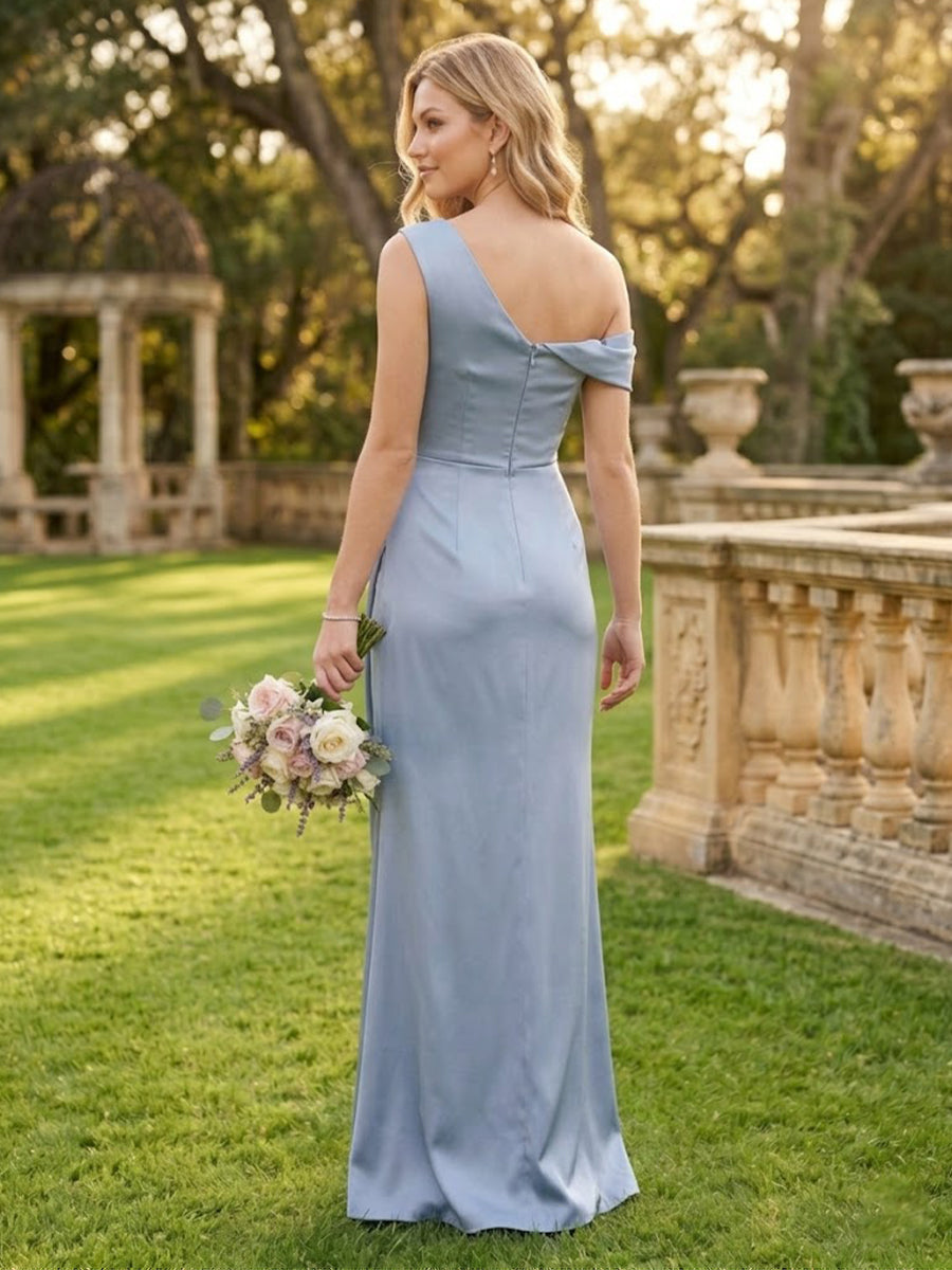 Satin Mermaid One Shoulder Sleeveless Long Bridesmaid Dresses